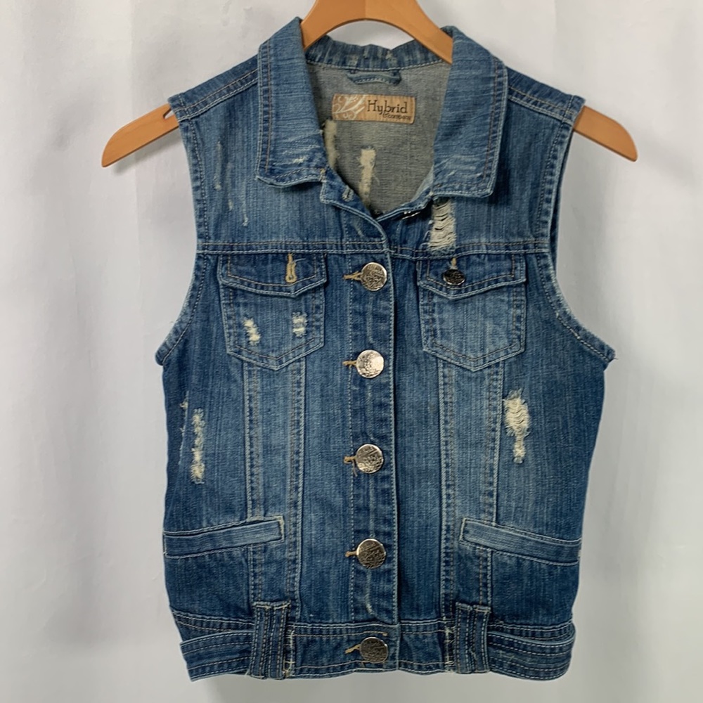 Distressed Denim‎ Blue Jean Vest Sleeveless Button Up 100% Cotton Size Small